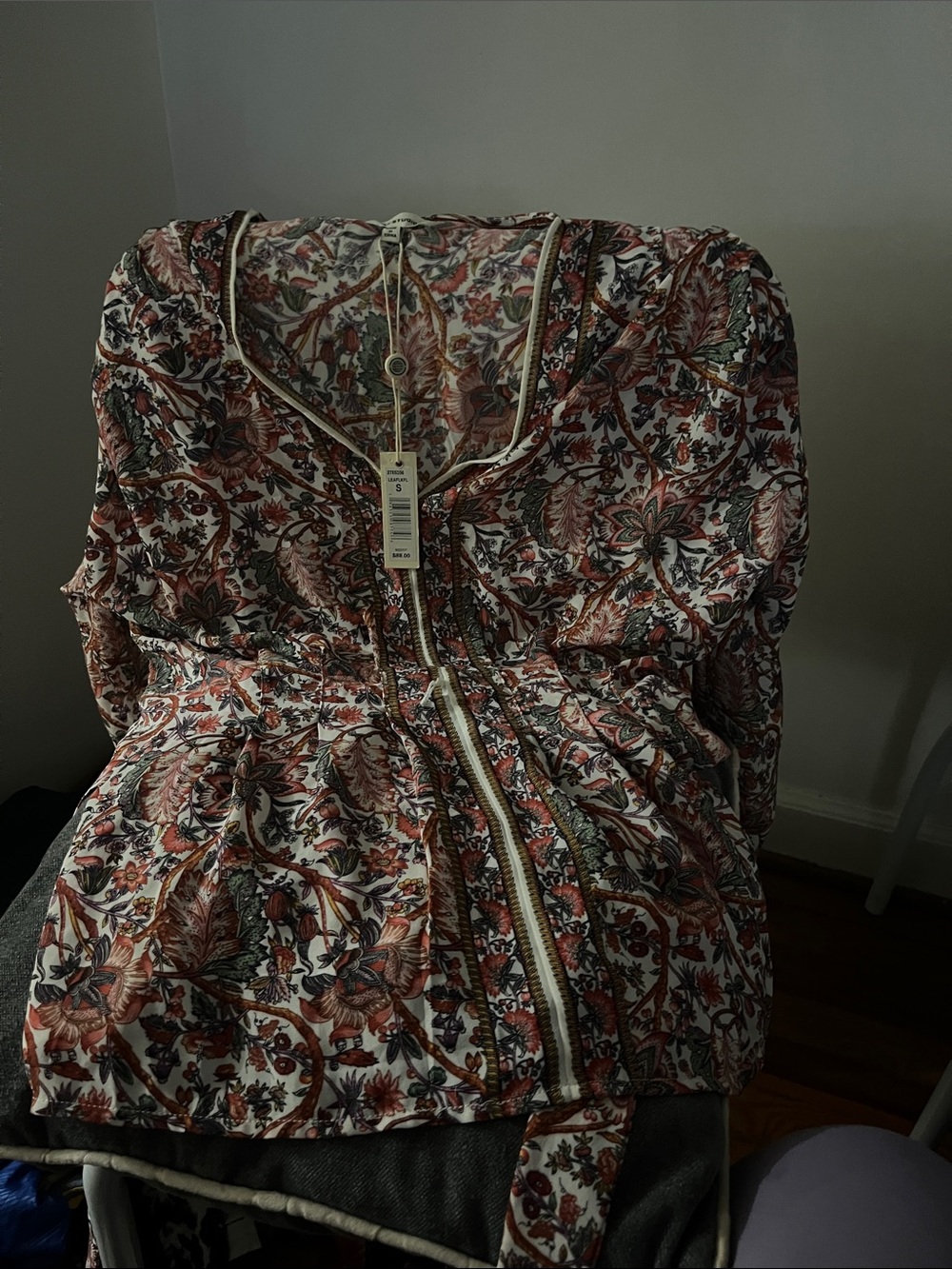 Max Studio Floral Zip-Front Tunic in Rust, Cream, and Green